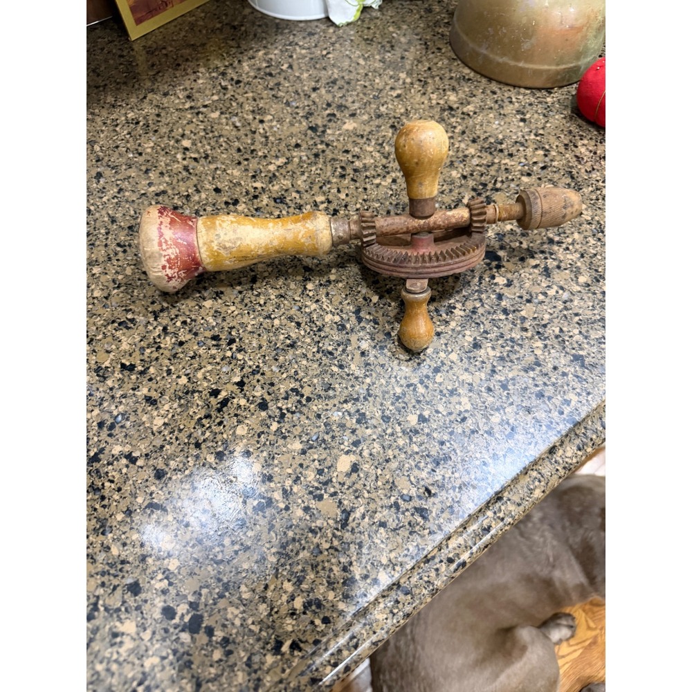 Vintage Antique Hand Drill Eggbeater Style‎ Wood Handles Primitive Tool Rustic